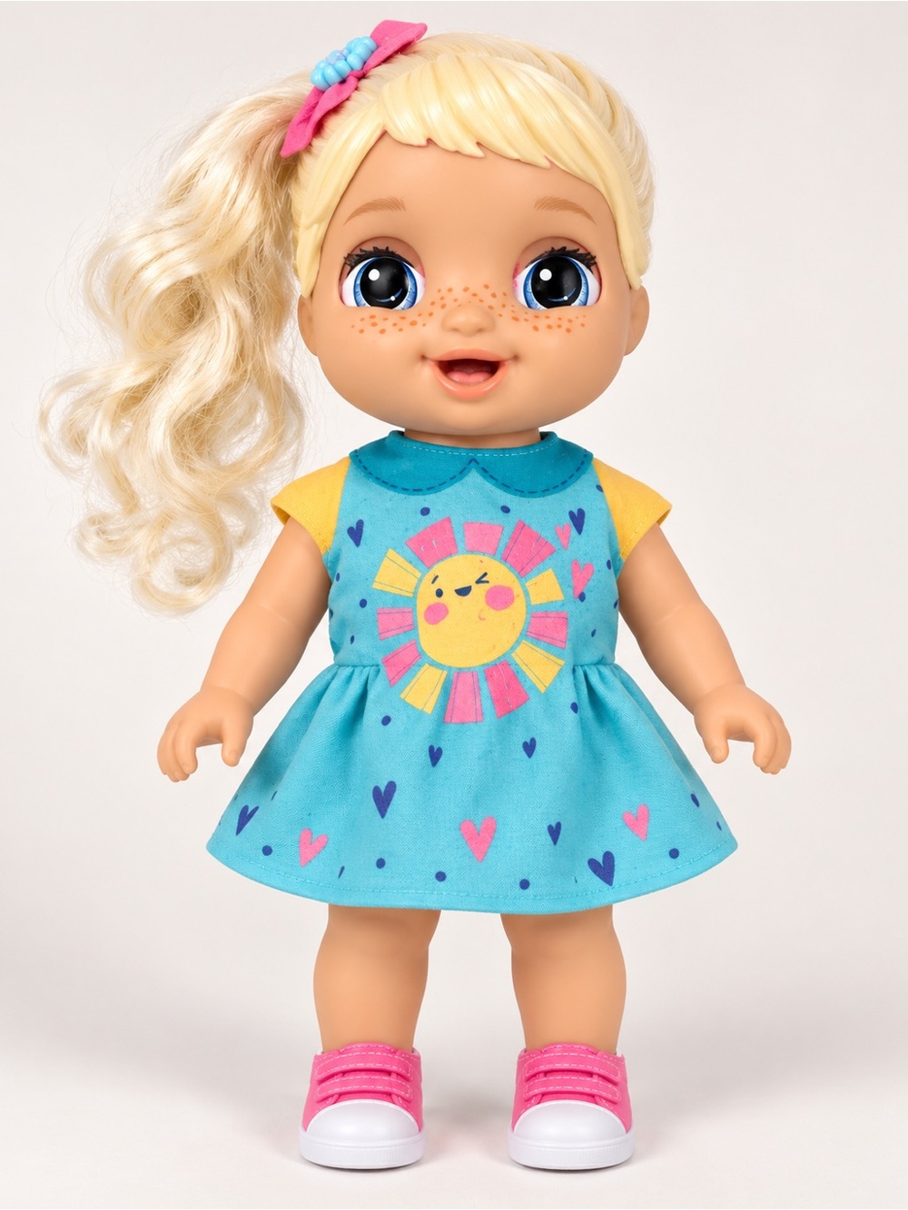 Blonde Freckled Baby Doll in Blue Sun Dress with Pink Shoes